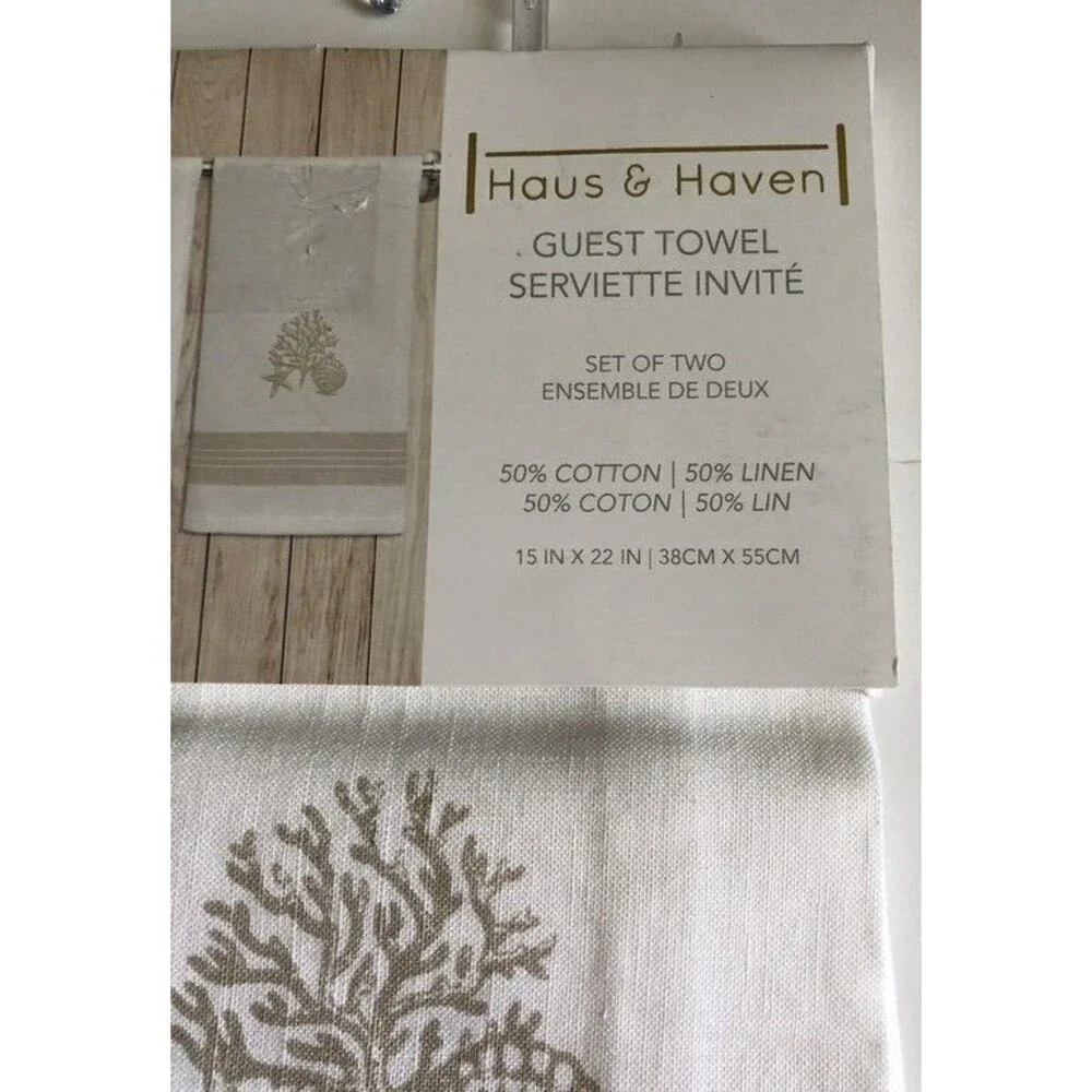 Haus & Haven Guest Towels Set of 2 Coastal Shell Cotton Linen 50/50 Blend